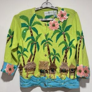 Design Options Philip & Jane Gordon Cardigan Sweater Palm Tree Hut Green MED